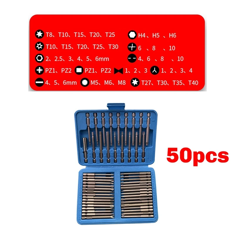 50Pcs Extra Long Reach Bit Set 75Mm Security Screwdriver Bits Star Hex Square Spanner Bit