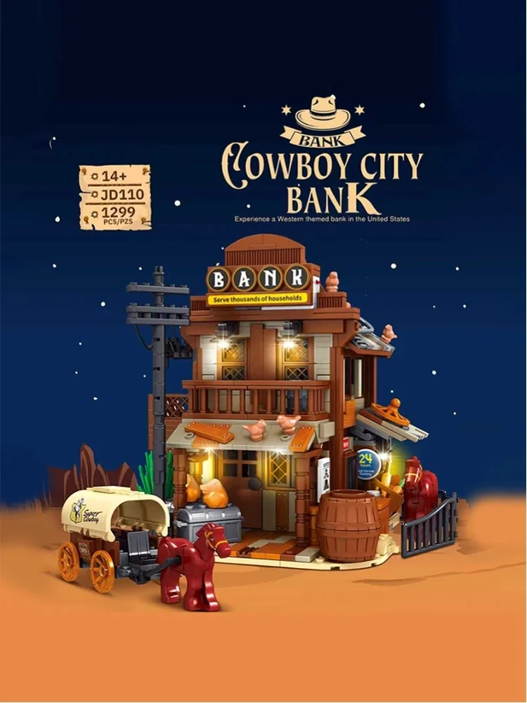 Klemmbausteine Cowboy-Stadtbank mit LED-Modulbauklötzen Amerikanische Western-Stadtansicht Ladenhaus Retro Klassische Architektur Ziegelstein-Modellbausatz Jungen-Spielzeug Erwachsene Kinder DIY
