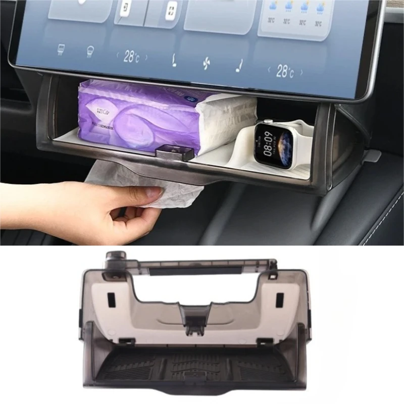 For Tesla Model 3/Y Hidden Storage Box Under Center Console Screen Foldable Tissue Box ETC Tray Automotive Interior Accessories