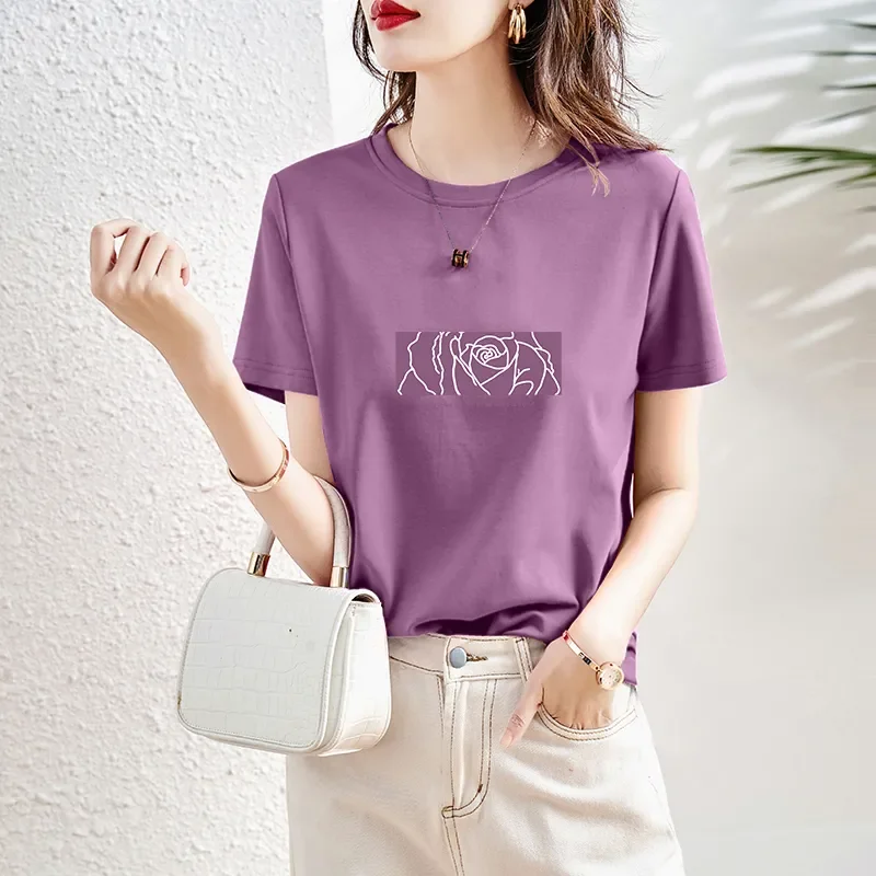 Women's Black Crew Neck Short Sleeve T-Shirt with Rose Print English Quote Casual Top