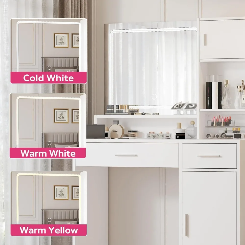 โต๊ะเครื่องแป้งพร้อมกระจกและแถบไฟ LED, โต๊ะแต่งตัวพร้อมลิ้นชักขนาดใหญ่, ตู้เก็บของ 3 ชั้น & ไฟ 3 ระดับ