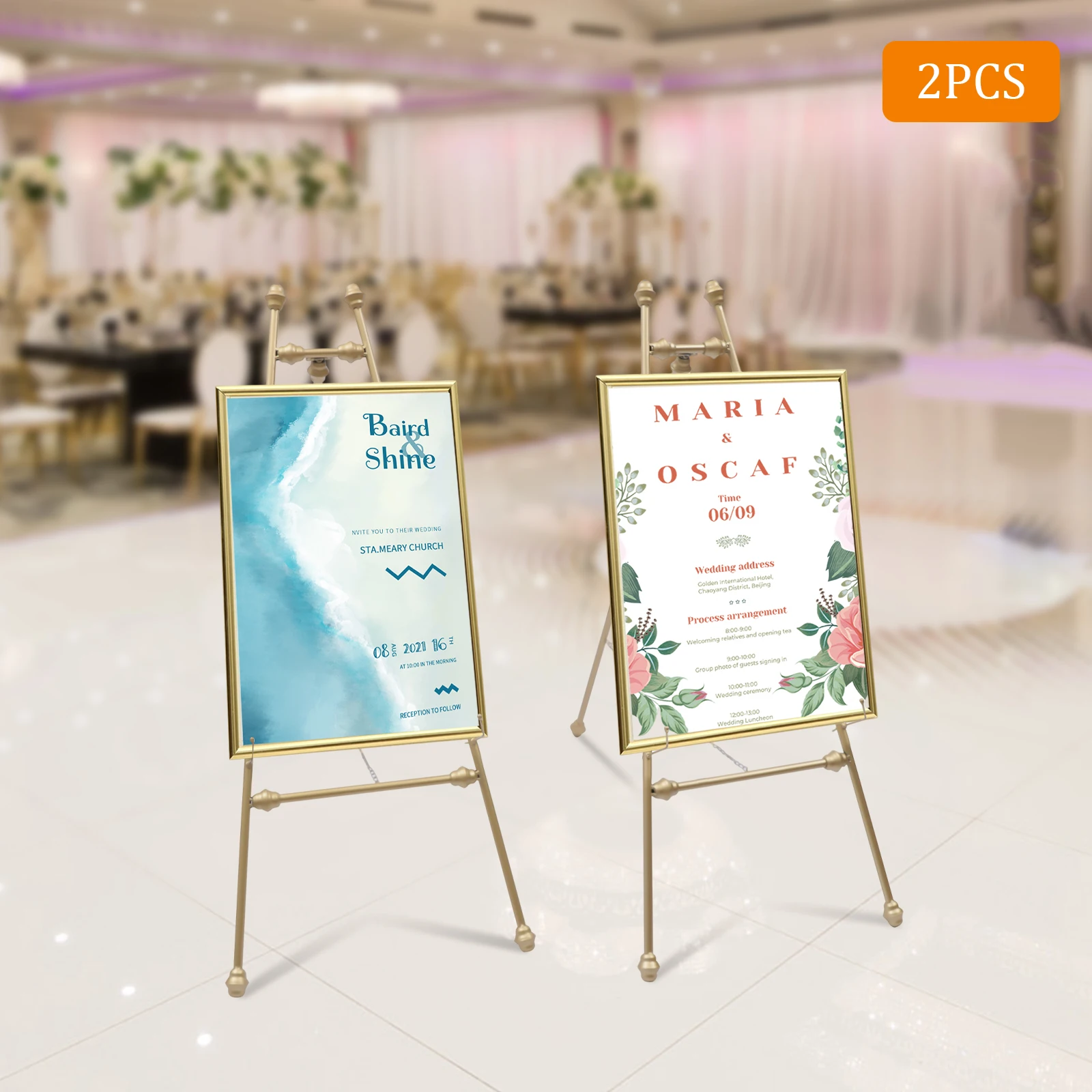 2Pcs Easel Stand for Wedding Welcome Sign & Poster, Floor Rack Adjustable Inclination Metal with Fixed Hook Anti-Slip Foot Pads