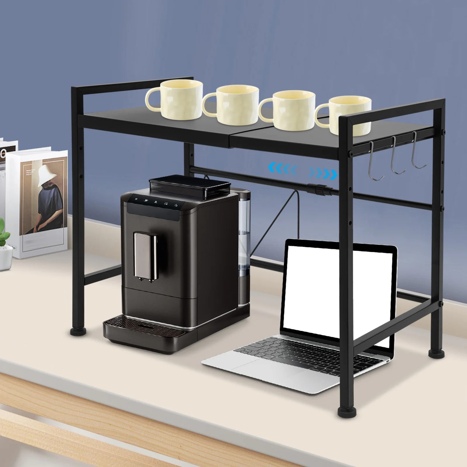 Expandable Microwave Rack, 2 Tiers Microwave Shelf, Microwave stand with 3 Hooks，for storing various kitchen utensils，save space