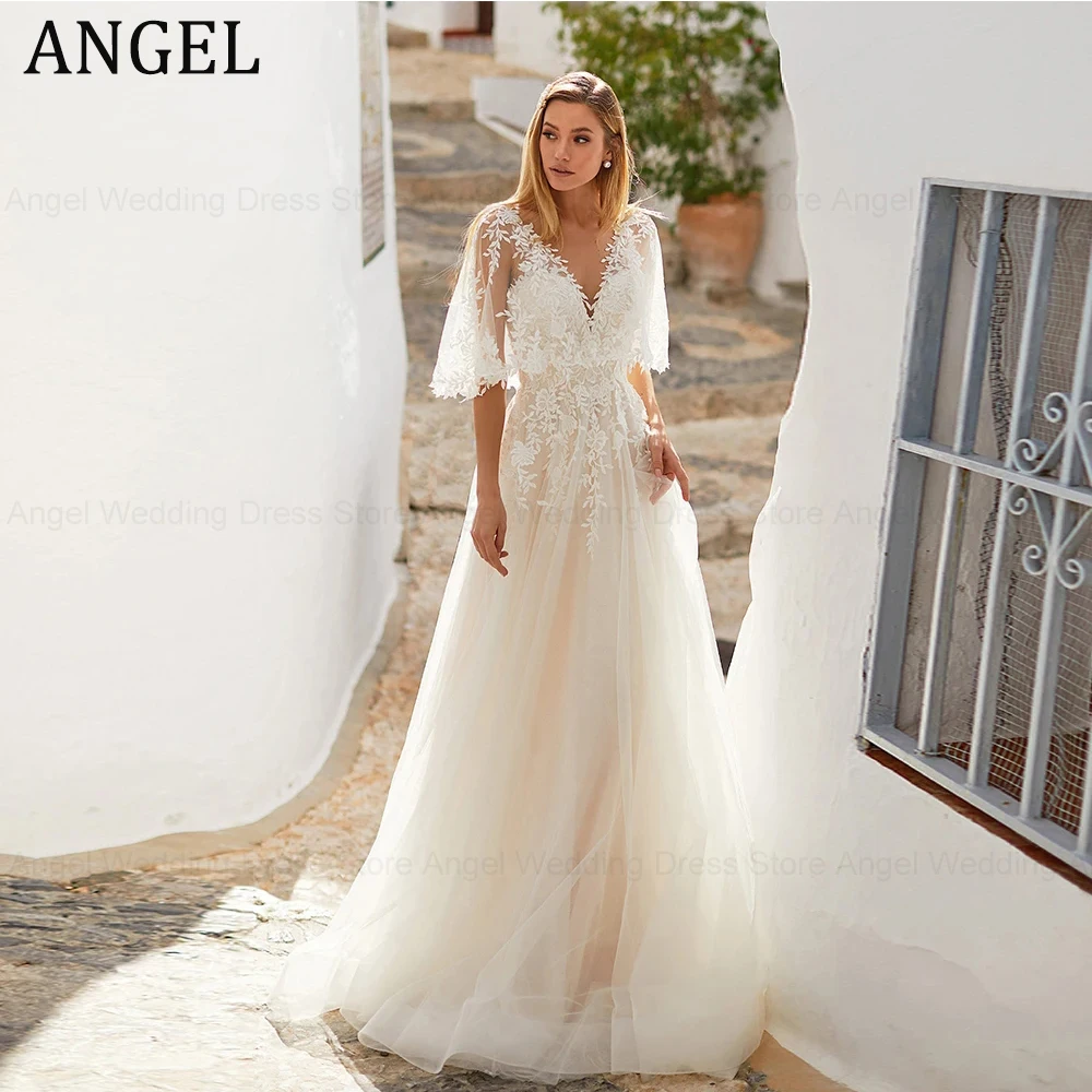 ANGEL Beach Half Sleeves Wedding Gowns Double V-Neck Backless Applique A-Line Vestido De Novia Bridal Dress 2024 Custom Made