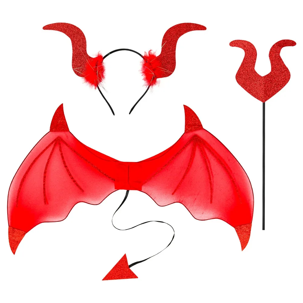 

3Pcs/Set Funny Halloween Cosplay Props Demon Horn Hair Band Bat Wings with Tail Halloween Costume Accessories Party Wand