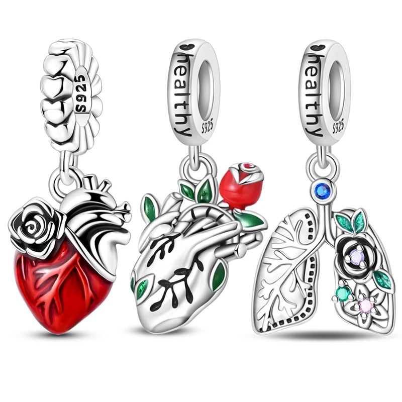 

Hot Sale 925 Sterling Silver Heart Lung Rose Pendant Charms Jewellery Fit Original 925 Bracelet Necklace for Women DIY Gift