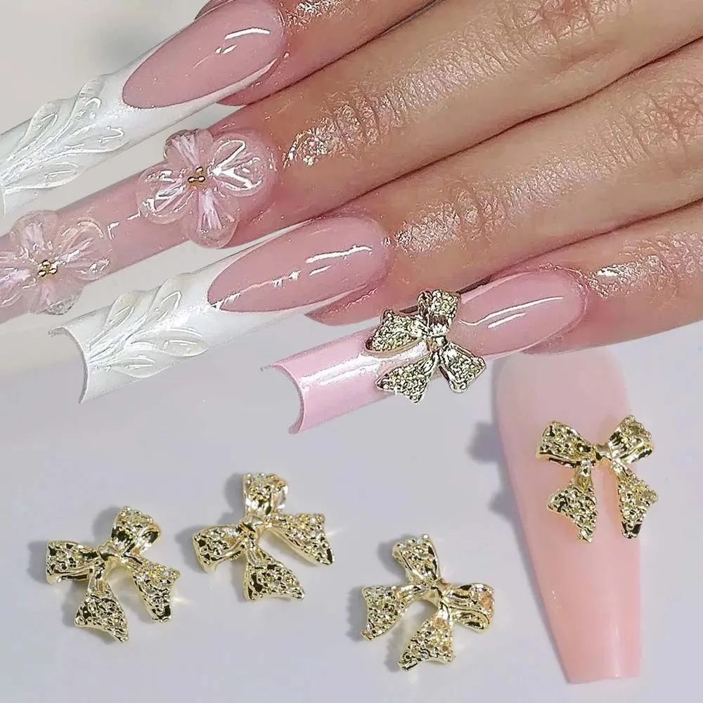 20 piezas lazos de cinta de Metal para decoración de uñas, cinta de lazo dorado/plateado 3D, decoración de uñas DIY Y2K Kawaii, accesorios de manicura