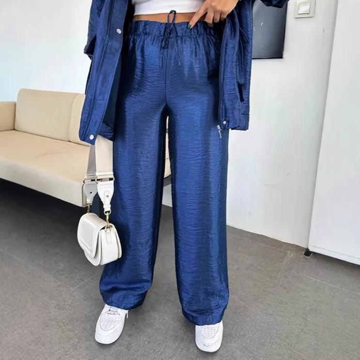 

Европейские и американские женские свободные прямые однотонные модные брюки с завязками на талии и эластичной резинкой на талии