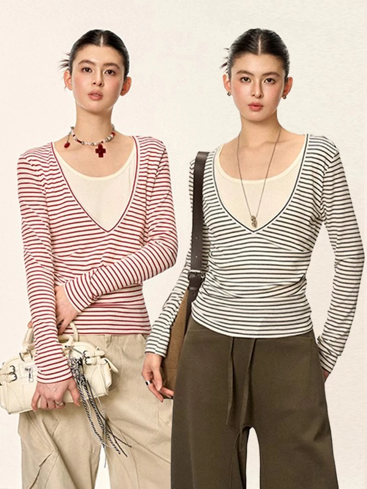 

Футболка женская Cherry Melody с длинным рукавом, в американском стиле, с цветными блоками и полосками, имитация двухслойности, для ранней осени, повседневный стиль, шерсть B...