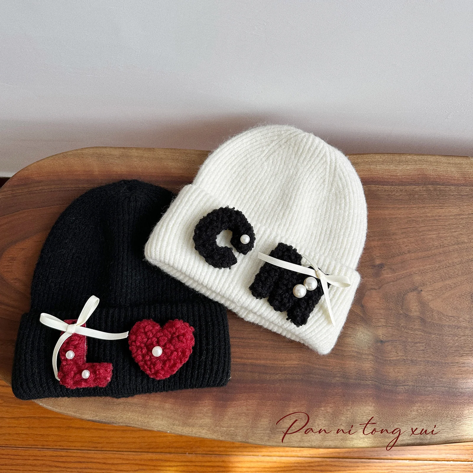 

Valentine's Day Women Bow Beanies,Winter Warm Letter Embroidery Knitted Hats,Skullies Caps for Outdoor Activities