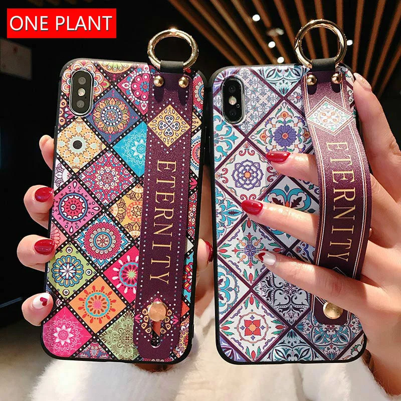 Wrist Strap Soft Tpu Phone Case Voor Samsung Galaxy S22 S21 S20 S10 Plus Fe Note 10 20 Ultra Vintage bloem Patroon Holder Cover