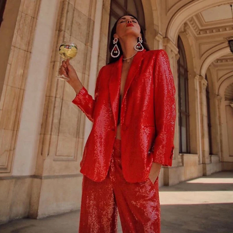 Charismas Red Party Suit Blazer Fashion Sequined Long Sleeve Single Button Short V Neck Blazer Coat Outwear 2025 Women
