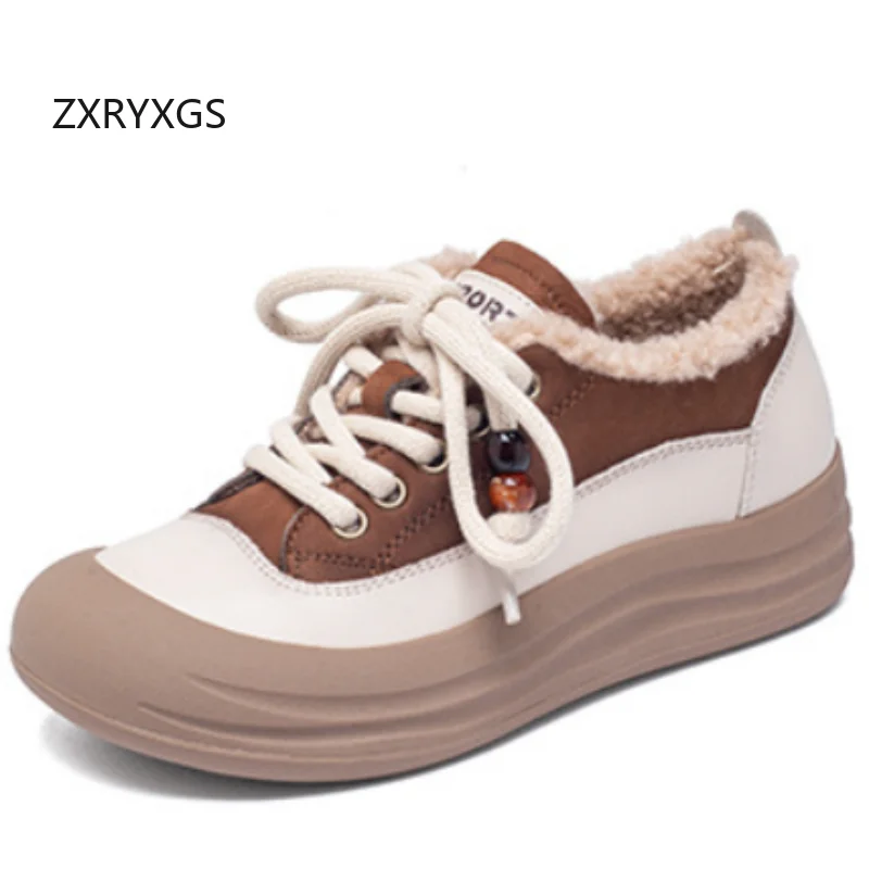 

ZXRYXGS 2025 новые зимние кроссовки из воловьей кожи на шнуровке, теплая обувь, туфли-лифты на плоской толстой подошве, женские кроссовки, модные зимние туфли