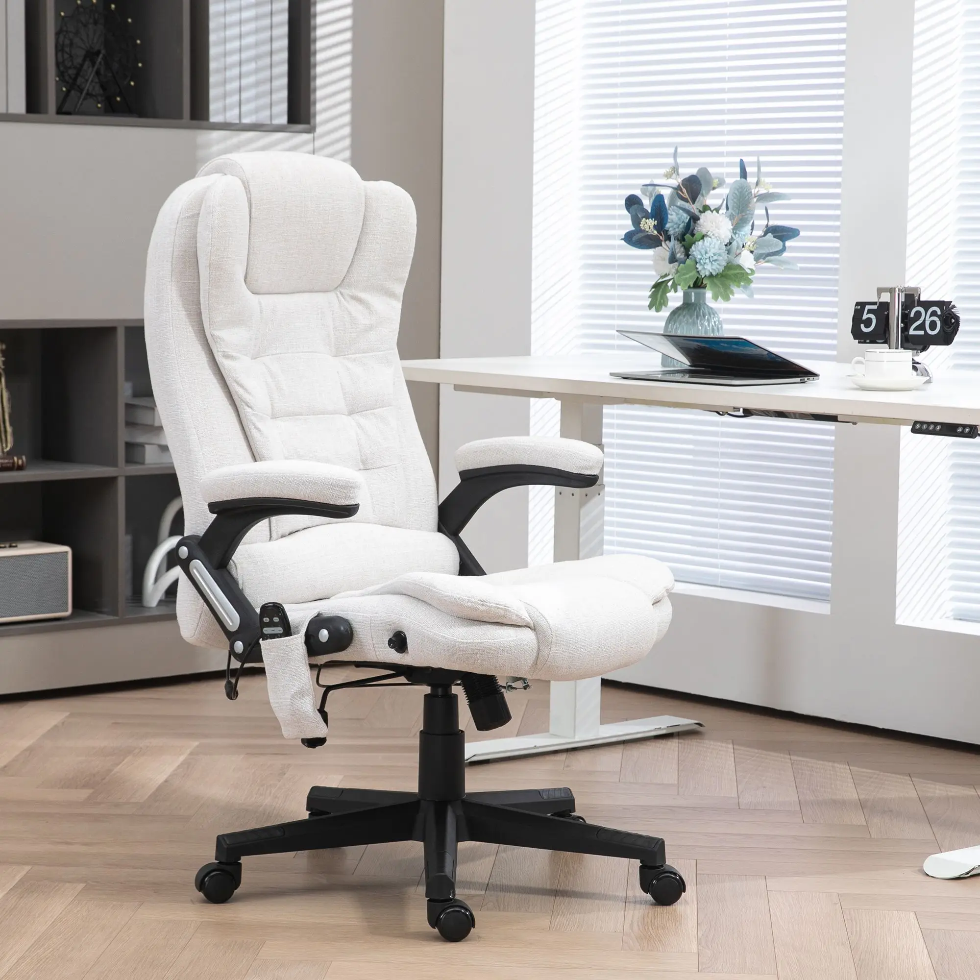 Cream White Linen Office Chair Hot Reclining High Backrest Padded Armrest Remote Comfort PU Material Rotary Massage