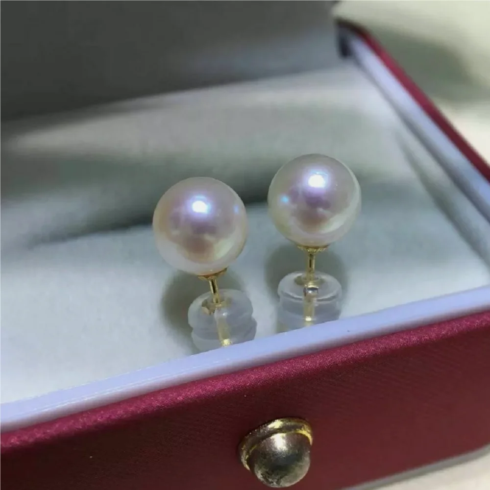 Beautiful AAAA 8-9mm round natural Akoya white pearl earrings 18K/AU750 gold 9-10mm 10-11mm 11-12mm