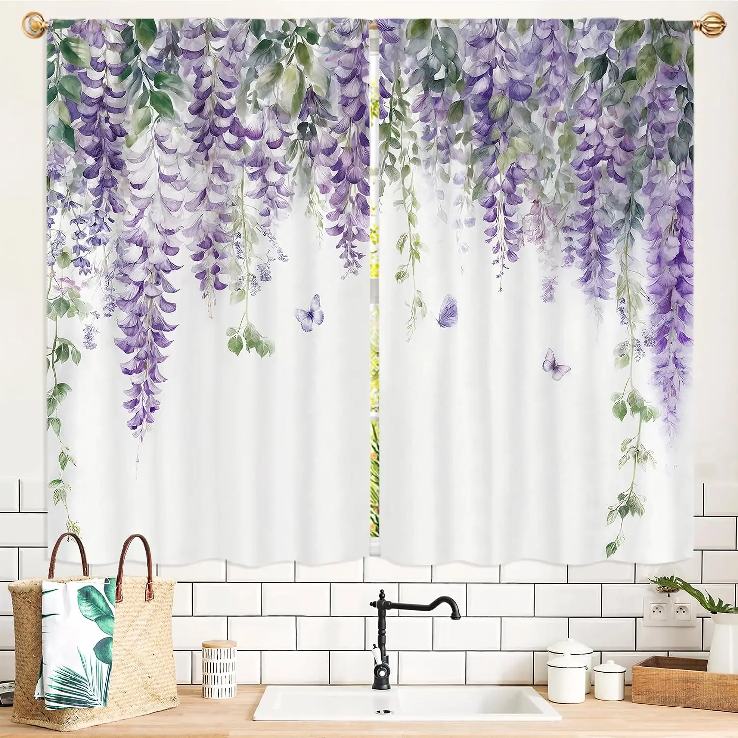 Elegant 2pcs Wisteria Floral Watercolor Curtain Panels Purple Lilac Botanical Spring Design Window Curtain Set for Home Decorati