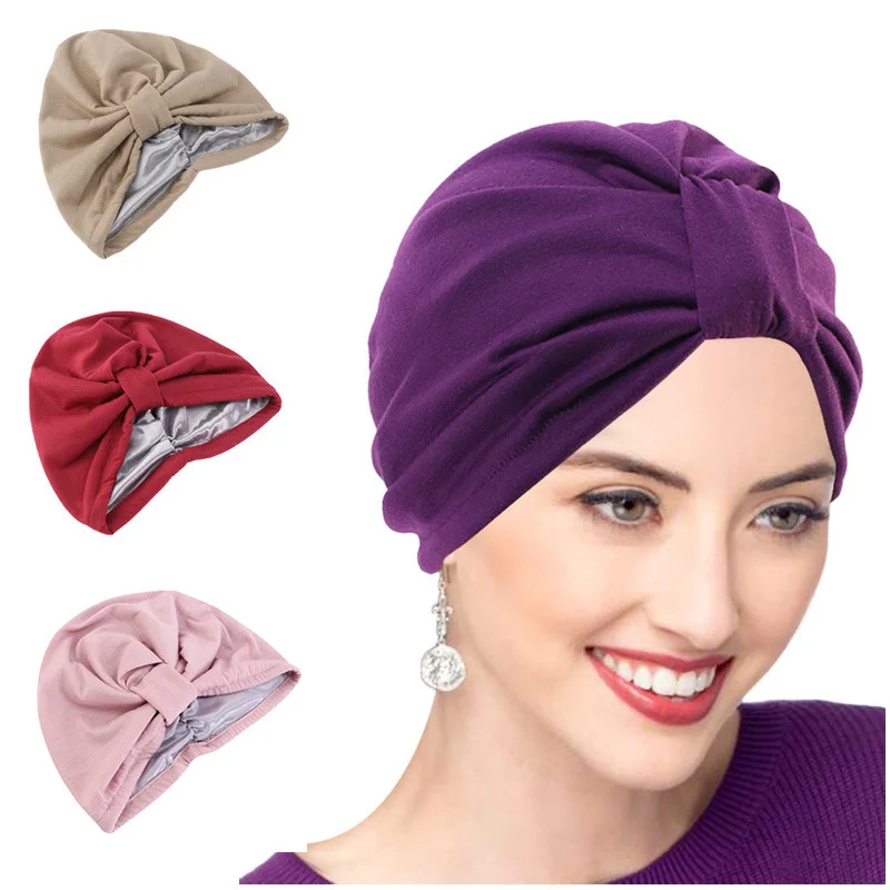 Satin Lining Top Knotted Turban Cap Elastic Solid Color Women's Headscarf Bonnet Female Head Wraps Lady Hair Loss Chemo Cap