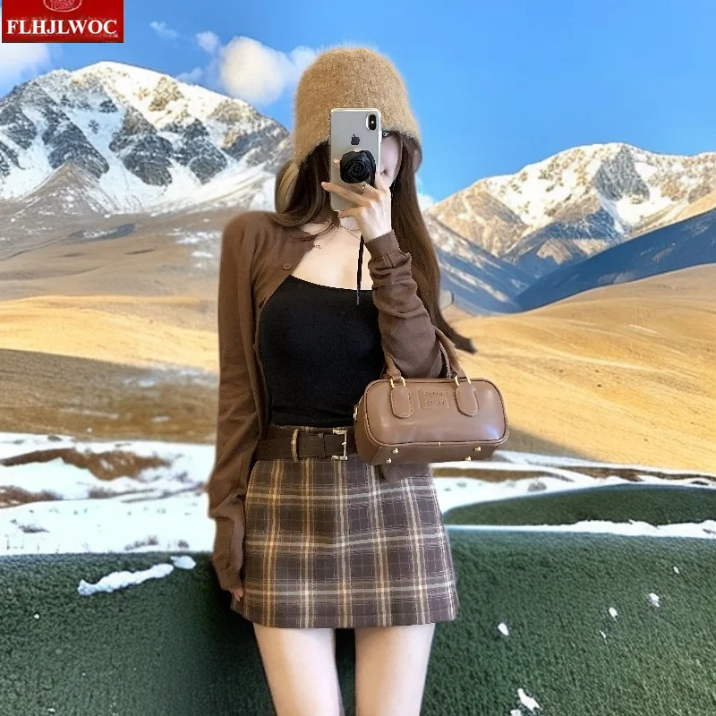 Autumn Short Cute Mini Skirts With Belt FLHJLWOC Hot Sales High Waist Sweet Girls Date Woolen Retro Vintage Plaid A Line Skirt