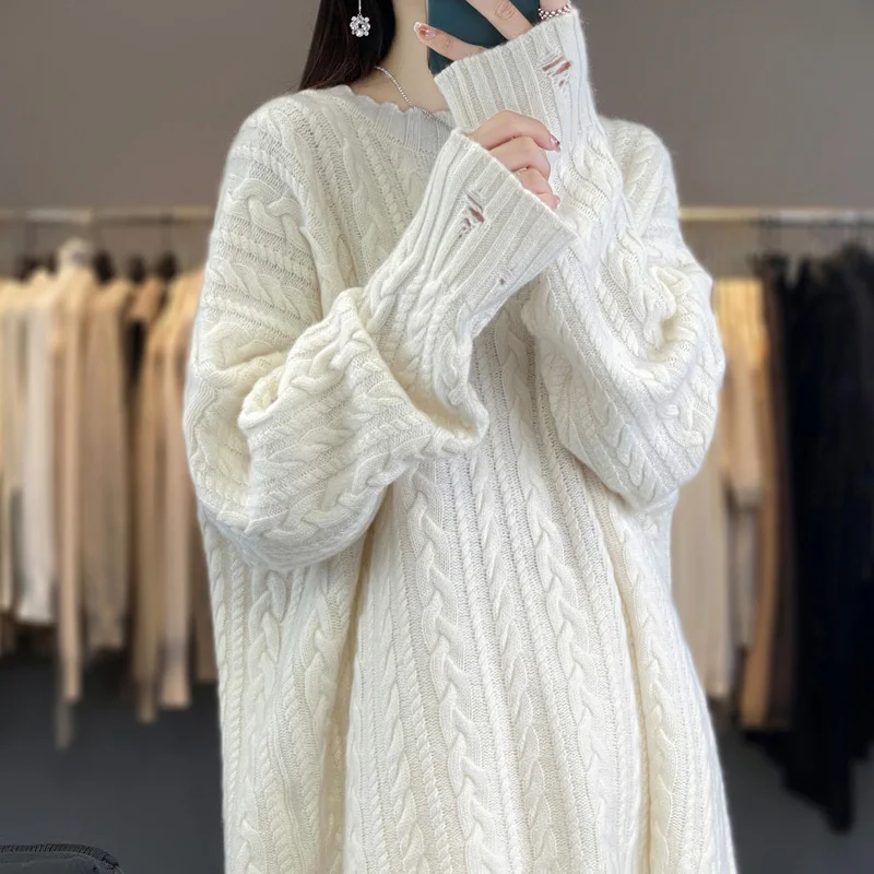 New loose and languid cashmere sweater Women's round neck pullover sweater Twisted thickened 100% pure wool casual sweater