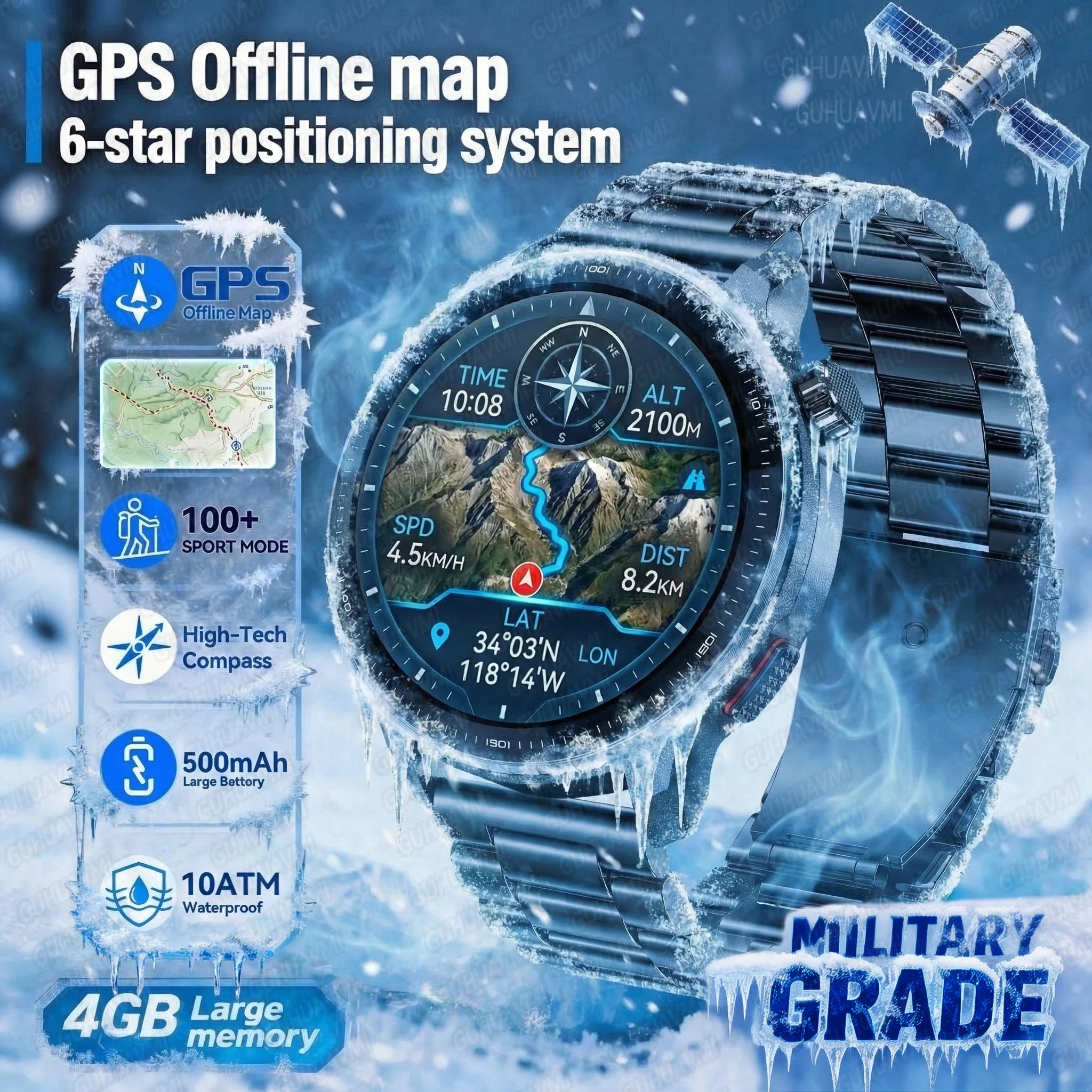 

2026 New Built-in GPS Position Smart Watch Men Outdoor Compass Altimeter 4GB Memory Offline Map Waterproof Bluetooth Call Watch