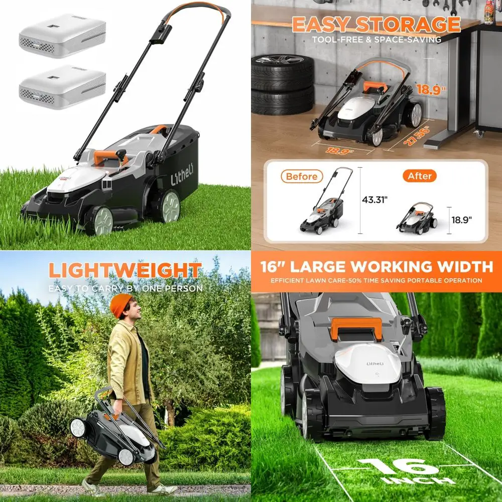 جزازة العشب الكهربائية بدون قلب مقاس 16 بوصة - جزازة دفع خفيفة الوزن 2 × 20 فولت مع تعديل 6 ارتفاع وبطاريات 2 × 4.0 أمبير #1