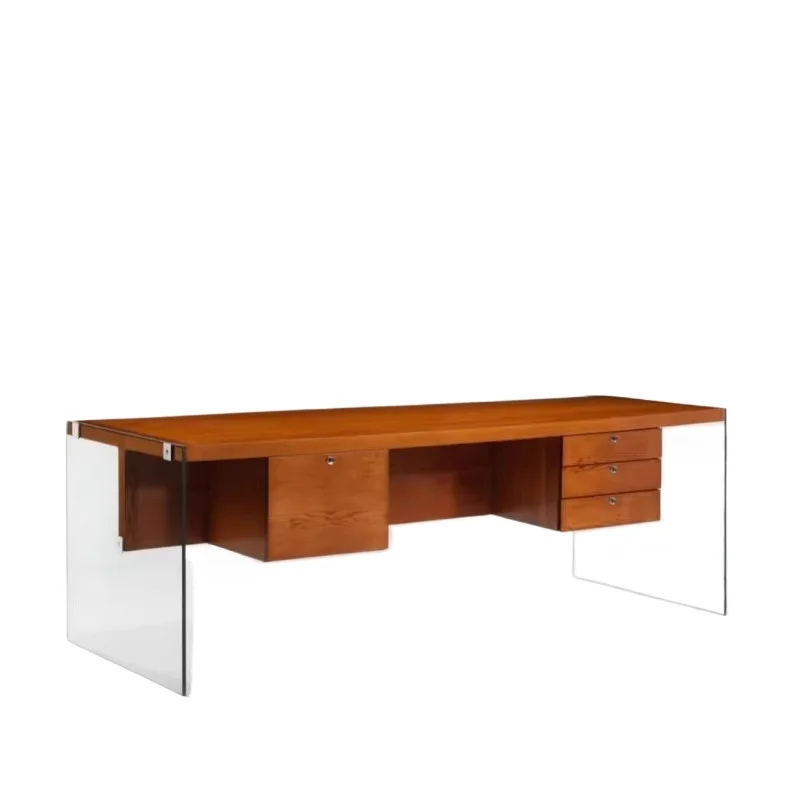 

Medieval style desk glass retro designer cherry wood color d esk wabi-sabi Danish modern simple high-end