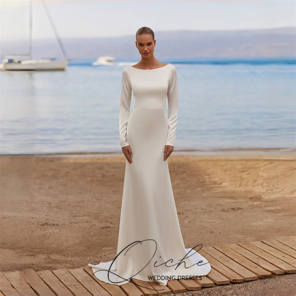

QICHE Simple Bows Mermaid Wedding Dresses Women 2026 Long Sleeves O-Neck Illusion Back Bridal Gown Vestidos De Noiva Customized