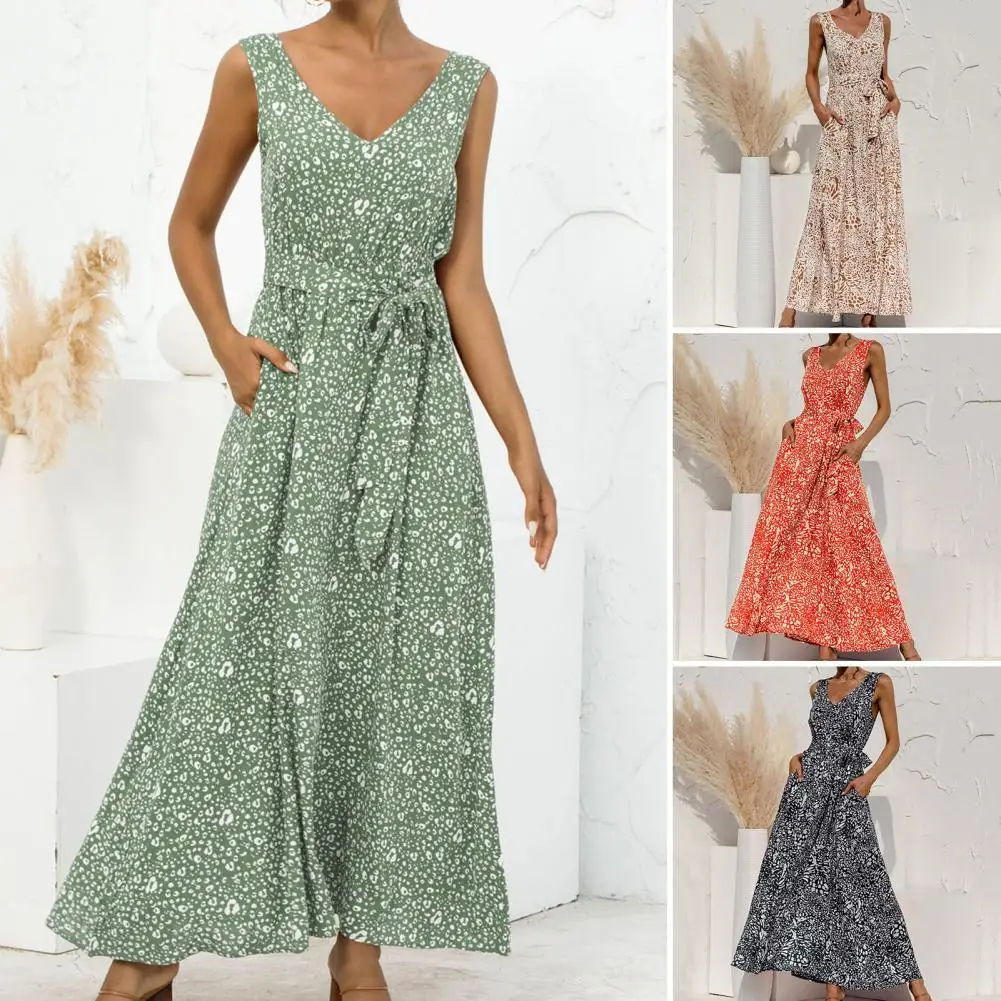 

V-Neck Belt High-Waist Beach Dress Floral Print Sleeveless Women Long Dress Sundress