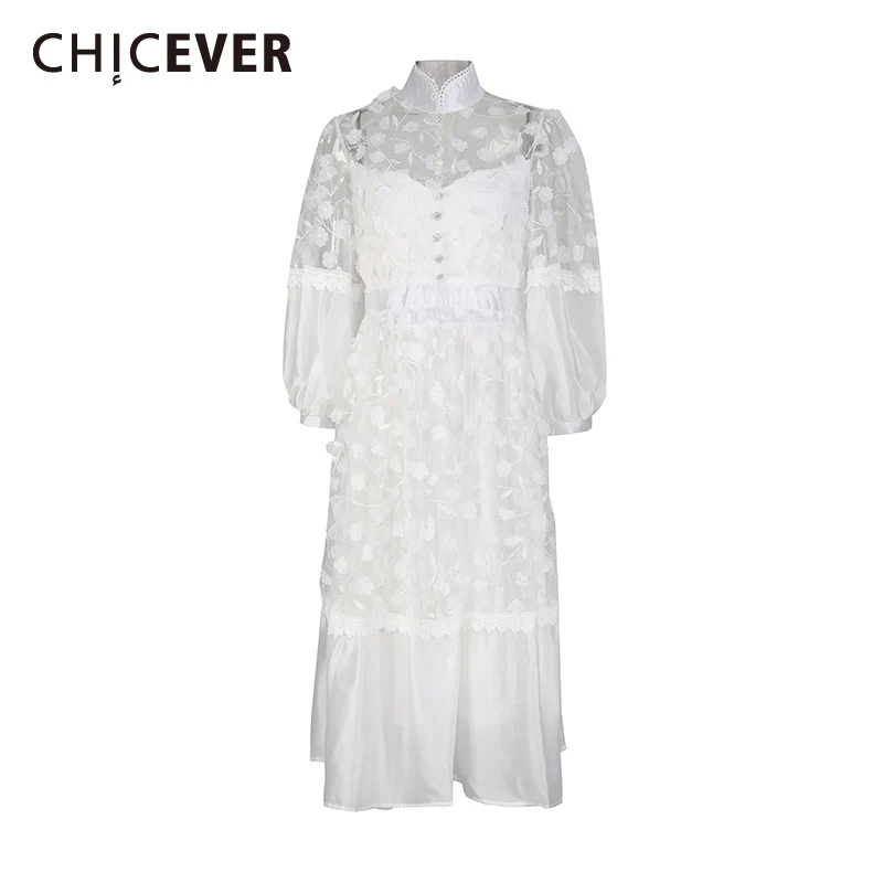 ชุดเดรสปักลายสีขาว CHICEVER สำหรับผู้หญิง คอตั้ง แขนยาว ทรงหลวม ผ้าโปร่ง แต่งผ้าต่อกัน ดีไซน์หรูหรา แฟชั่น