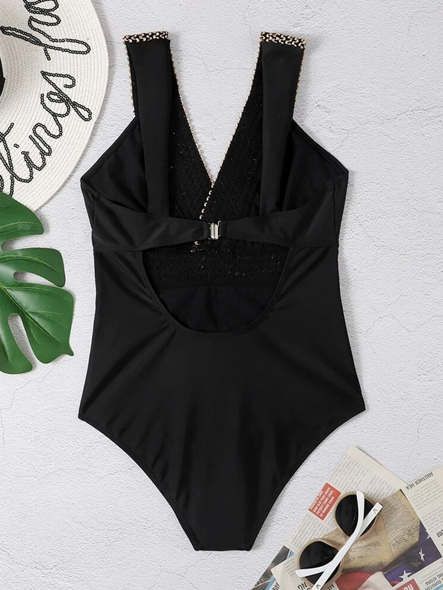 2024 V-neck Swimsuit One Piece Solid Sexy Swimwear Women Bathing Swimming Suit Female Padded Monokini Summer Beachwear Bodysuit