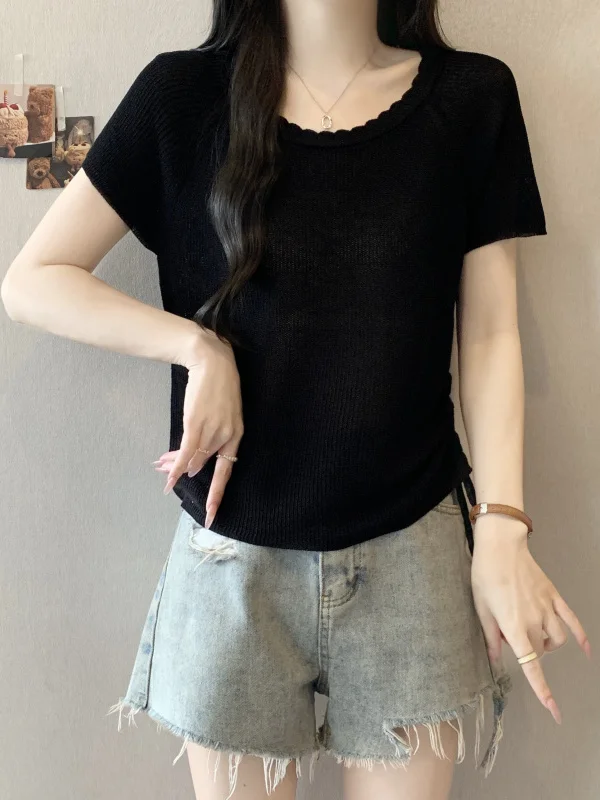 Slim Fit Ice Silk Short Sleeve T-Shirt Women's Summer Base Layer Shirt Drawstring Top Thin Design Korean Style Commute Wind