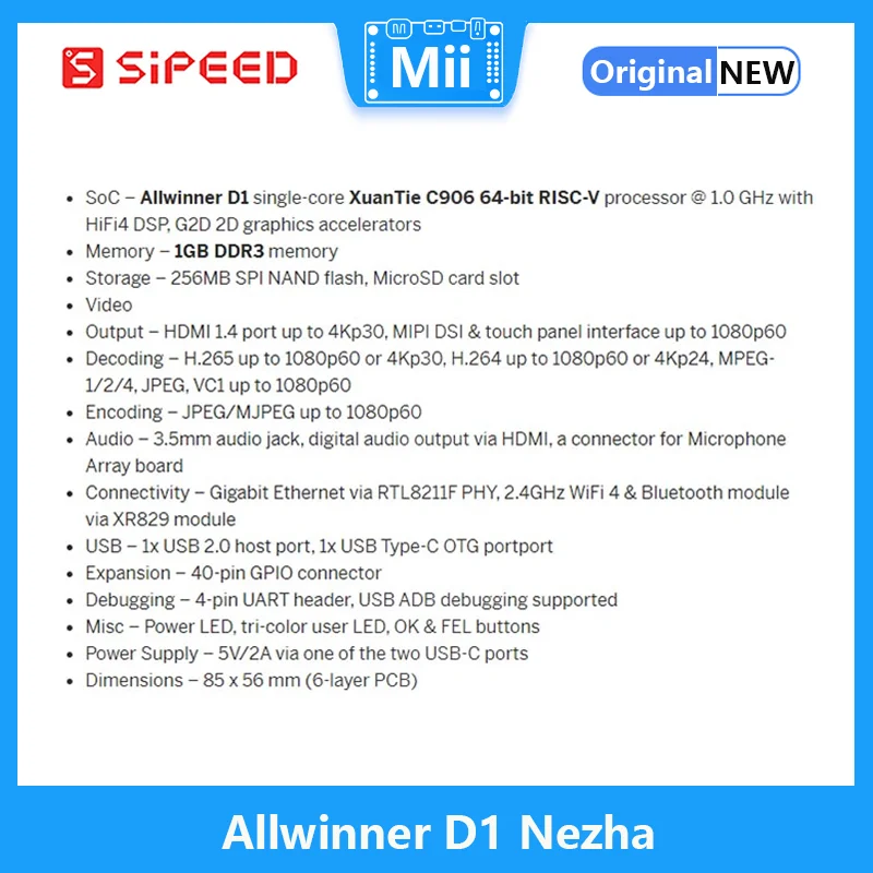 Allwinner D1 Nezha 64bit RISC-V لينكس SBC مجلس التنمية ، 1.0GHz مع 1GByte DDR3 ، دعم تينا/ديبيان النظام