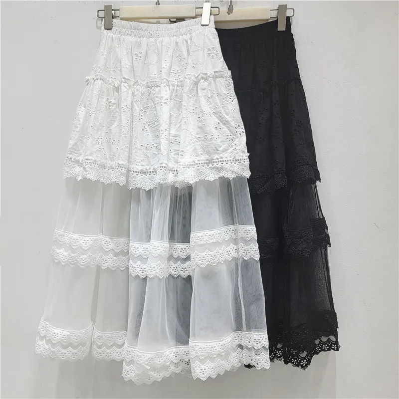 

2026 Spring Summer New French Chic Sweet & Girly Fairy Style White Lace Patchwork Mesh A-line Midi Skirt for Women