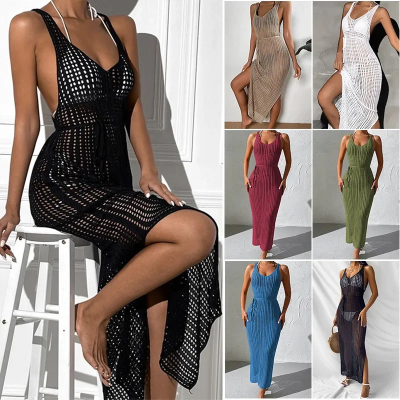 

Women Summer Sexy Hollow Out Knitted Beach Cover Up Double Side Slits Dress Females Beachwear Round Neck Sleeveless Clothes