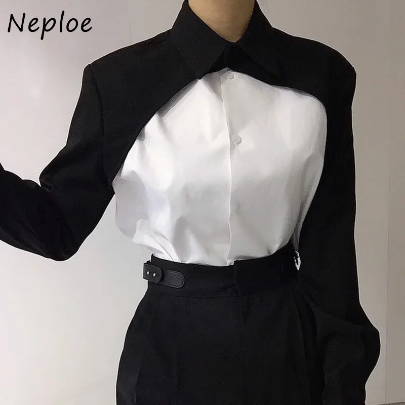 Neploe Temperament Personality Long Sleeved Shirt Woman Contrast Color Patchwork Blouse Female Versatile Single-breasted Shirts