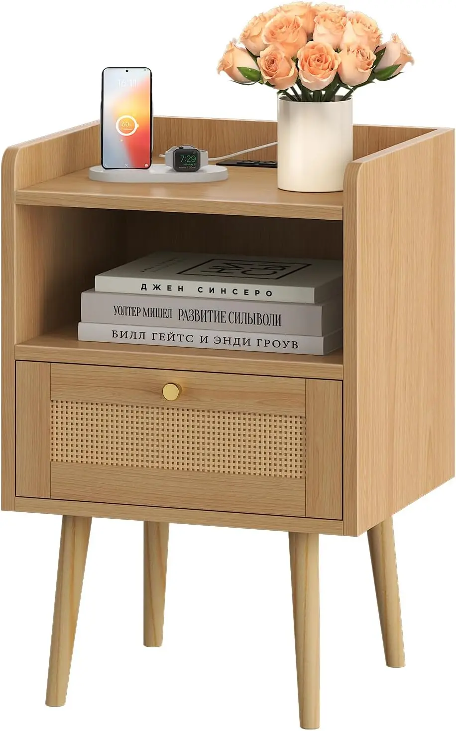 

Rattan Nightstand with Charging Station, Mid Century Modern Bed Side Table, Boho End Table with Wood Legs, Bedside Tables for