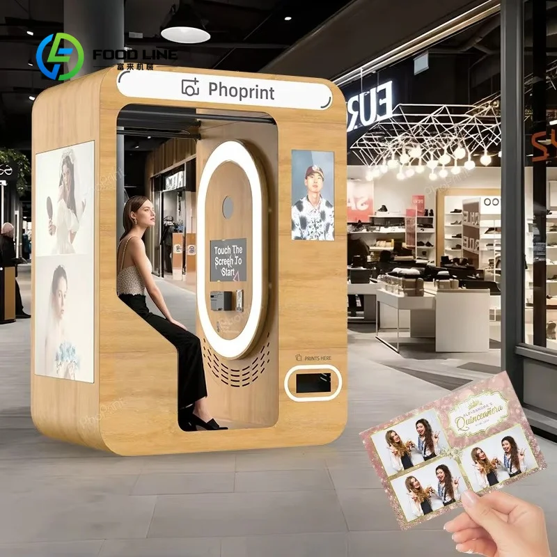 Customized Wooden High Adjustable Cashless Payment Pay-Per-Print Photo Booth Machine for Shopping Mall Vending Machine