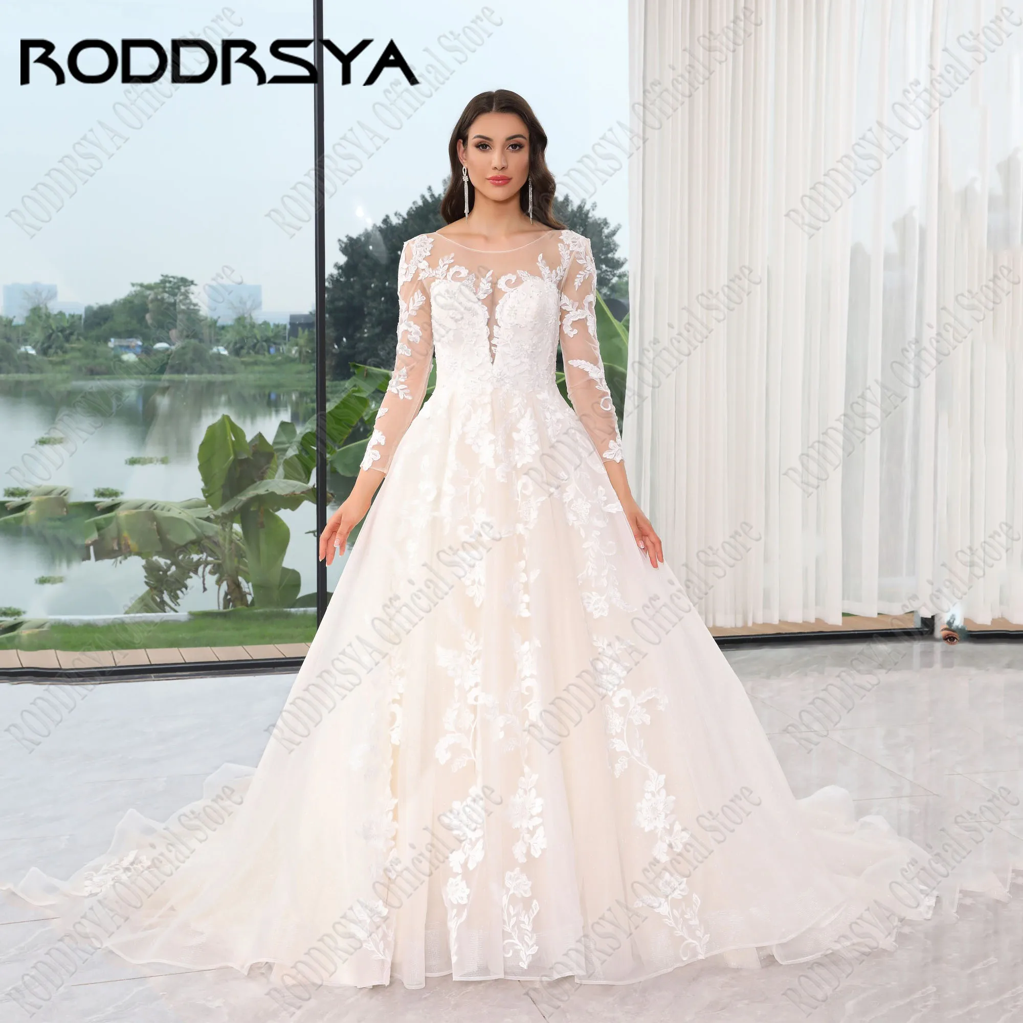 

RODDRSYA Lace Elegant Wedding Dress 2025 Bride Long Sleeve Applique Scoop Neck Bride Gowns A-Line vestidos de novia Customized