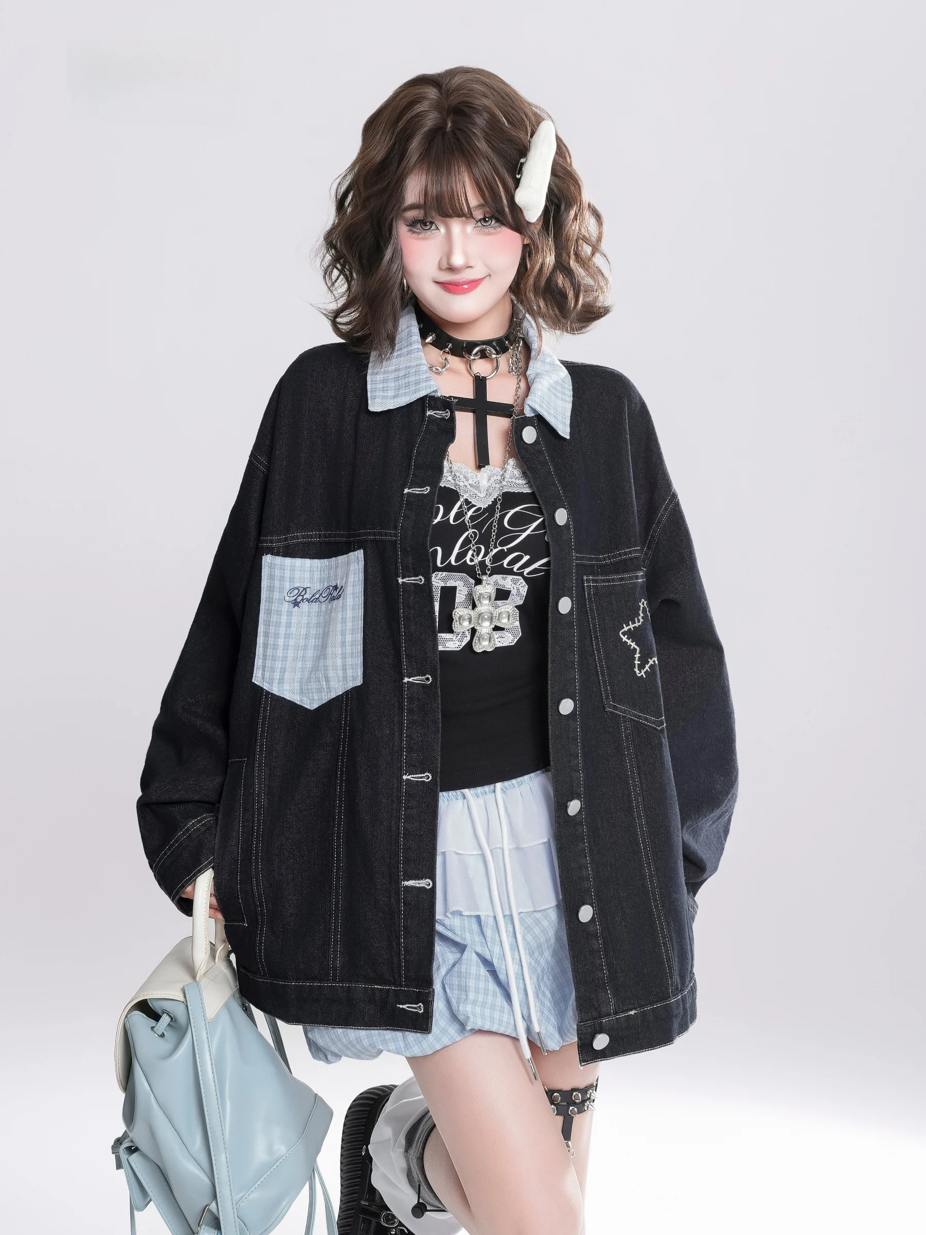 

HM American Sle Loose Fit Denim Jaet Women's Autumn New Color Blo Collar irt Casual Faion Outerwear