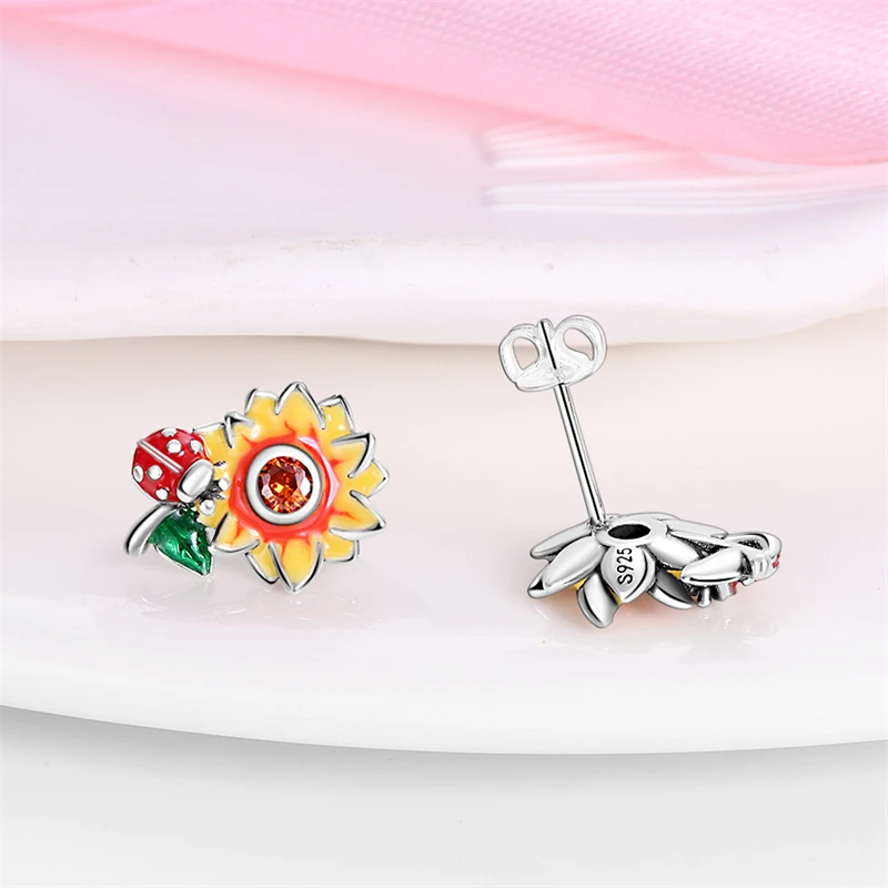 Women Earrings 925 Sterling Silver Classic Sunflower Ladybug Hoop Earrings For Anniversary Wedding Jewelry Gifts