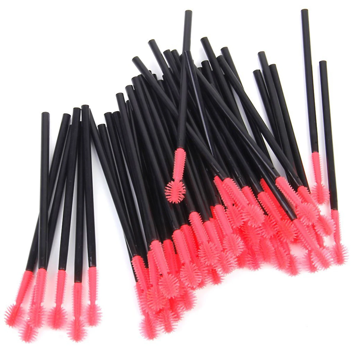 50 Uds. Cepillos de pestañas desechables, cabeza de silicona negra y roja, mango de plástico, pestañas separadas, ojos más grandes, kits de herramientas de maquillaje para niñas
