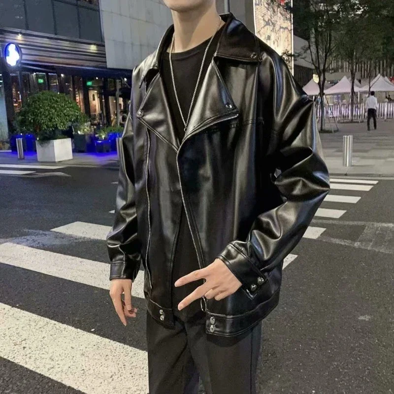 

Винтажное кожаное пальто в стиле Гонконга для мужчин, зимняя куртка свободного покроя с молодежным дизайном в стиле Ins ​