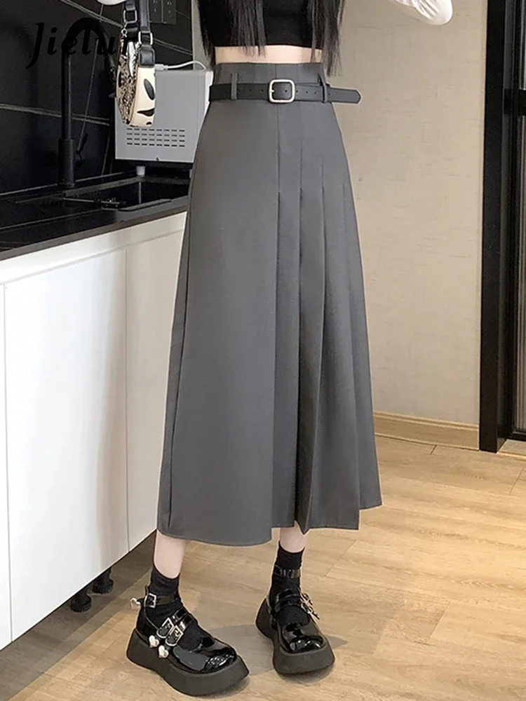 Jielur Fashion Spring Korean Pleated Grey Women Skirts Slim High Waist Simple Solid Color Female Skirts Basic Casual Office Lady