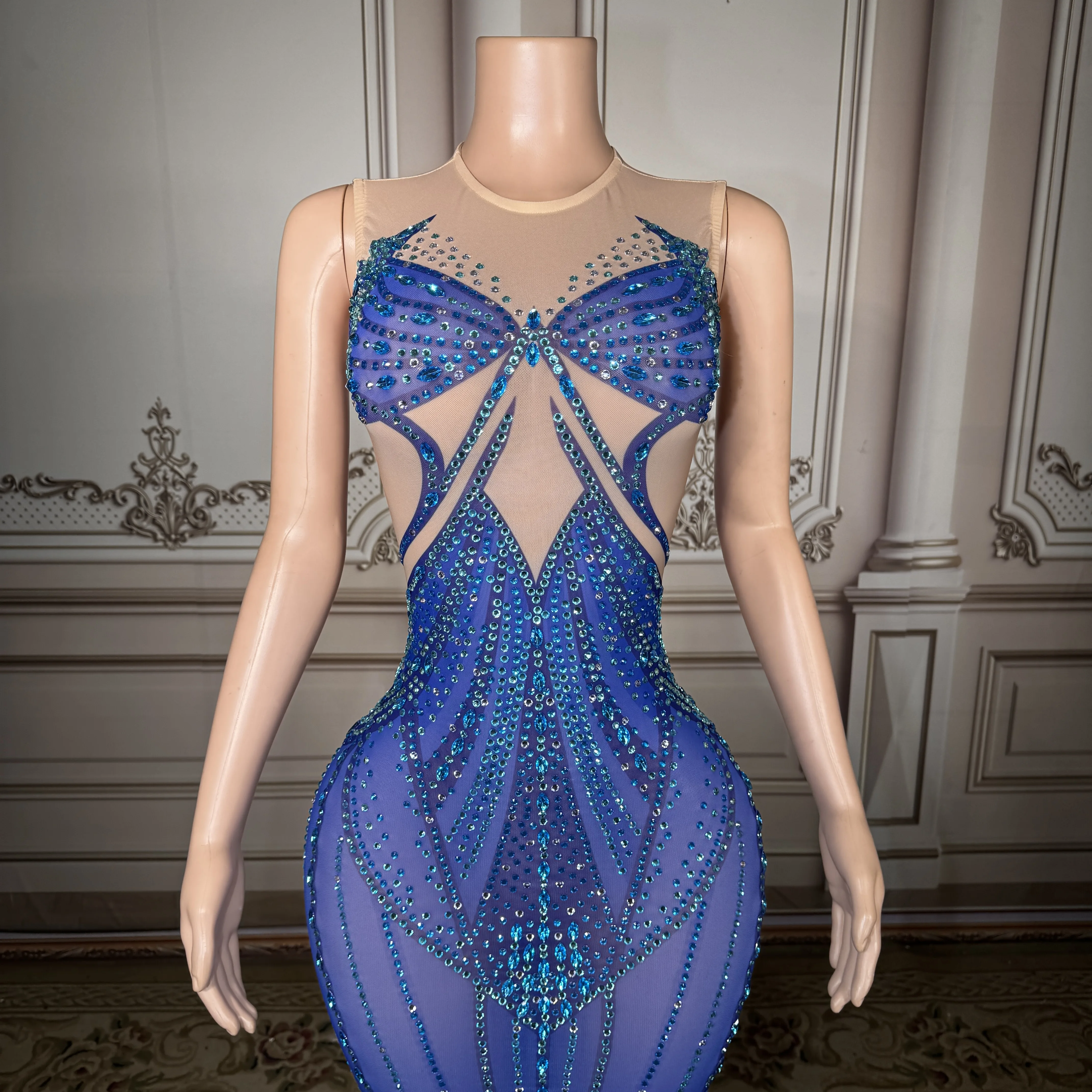 

Роскошное вечернее платье ZD королевского синего цвета с стразами, сексуальное, без рукавов, с иллюзорной сеткой, фасон «русалка», сияющее, с кристаллами, для дня рождения