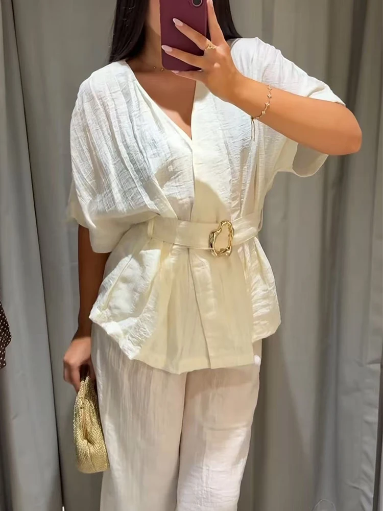 Modisches Einfarbiges Zweiteiler-Set für Damen: Schickes Kurzarm-V-Neck-Oberteil und Gerade Weite Hose, Sommer 2026 Casual Damen 2-Teiler