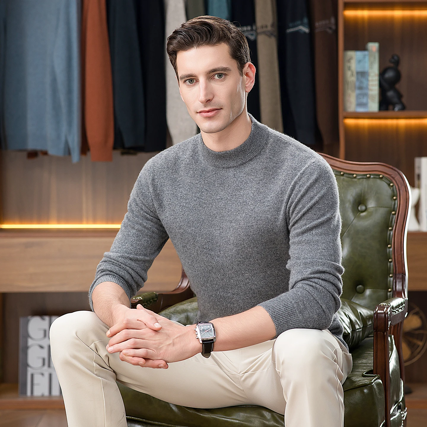 Herbst und Winter neuer reiner Bergkaschmirpullover halbhoher Hals dicker Pullover Herrenpullover mittleren Alters warmes Stricken