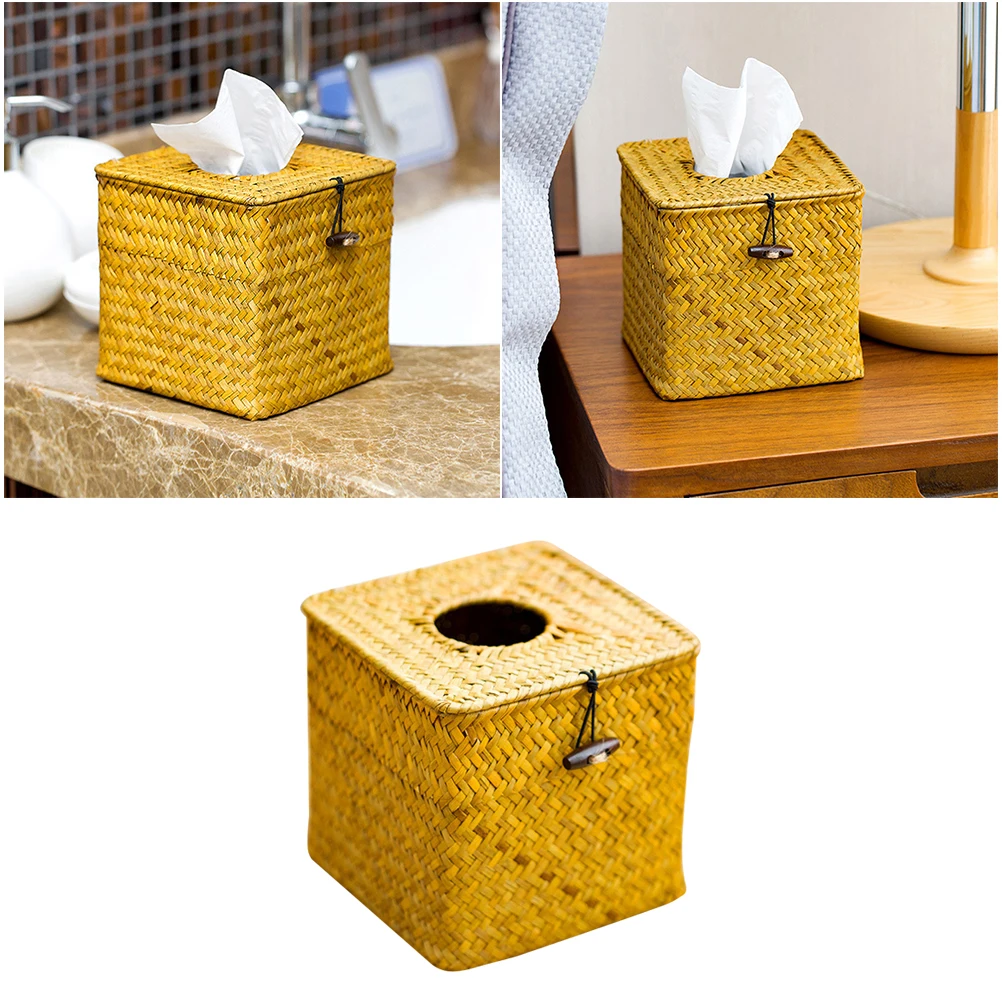

Seaweed Tissue Box Handwoven Bamboo Stylish Room Holder Paper Towel Box Tissue Storage Home Decor Refillable Easy Open