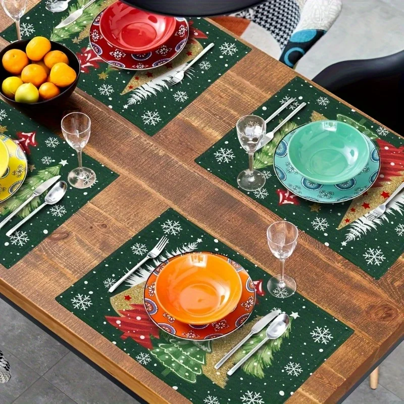 VIKAMA 4/6/8/10-Piece Christmas Placemats Christmas Pine Tree Decorative Table Mats & Coasters Holiday Party Home Decor