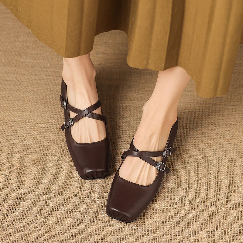 2026 new spring autumn women pumps natural leather 22-25cm washed cowhide+pigskin square toe cross-buckle mary janes women shoes