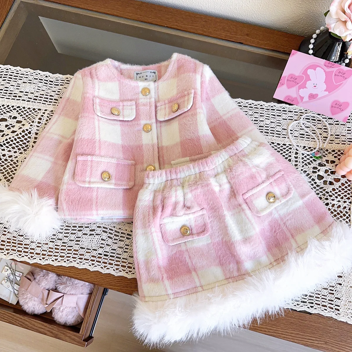 Lovely Girl Princess Dress Up Autumn Winter Pink Plaid Sets For Children Jacket+Skit 2 Pieces Suits Girls Formal Clothes Outfits